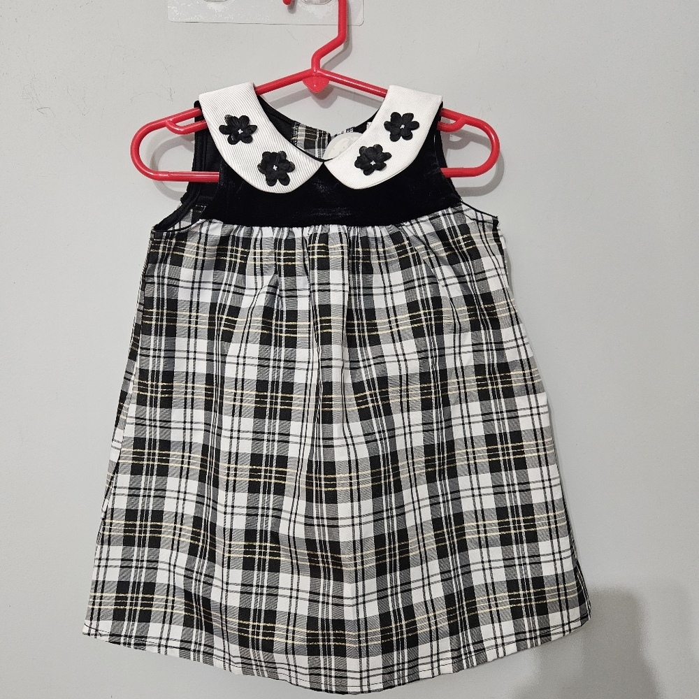 Plaid Velvet Dress 24M‎ Holiday Christmas Black White Rose Applique Baby Girl